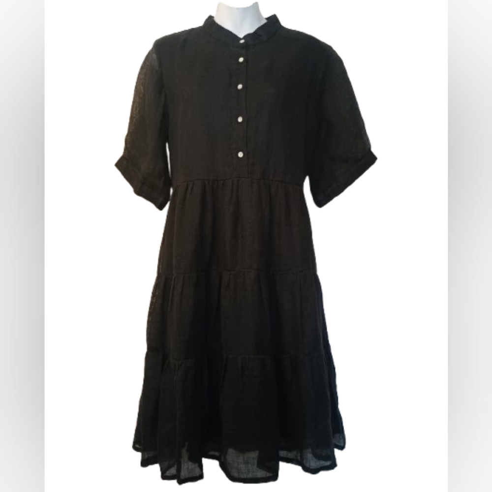 NWT Becasa Black Ruffle Tiered 3/4 Sleeves Linen Shorty Dress Size: XL